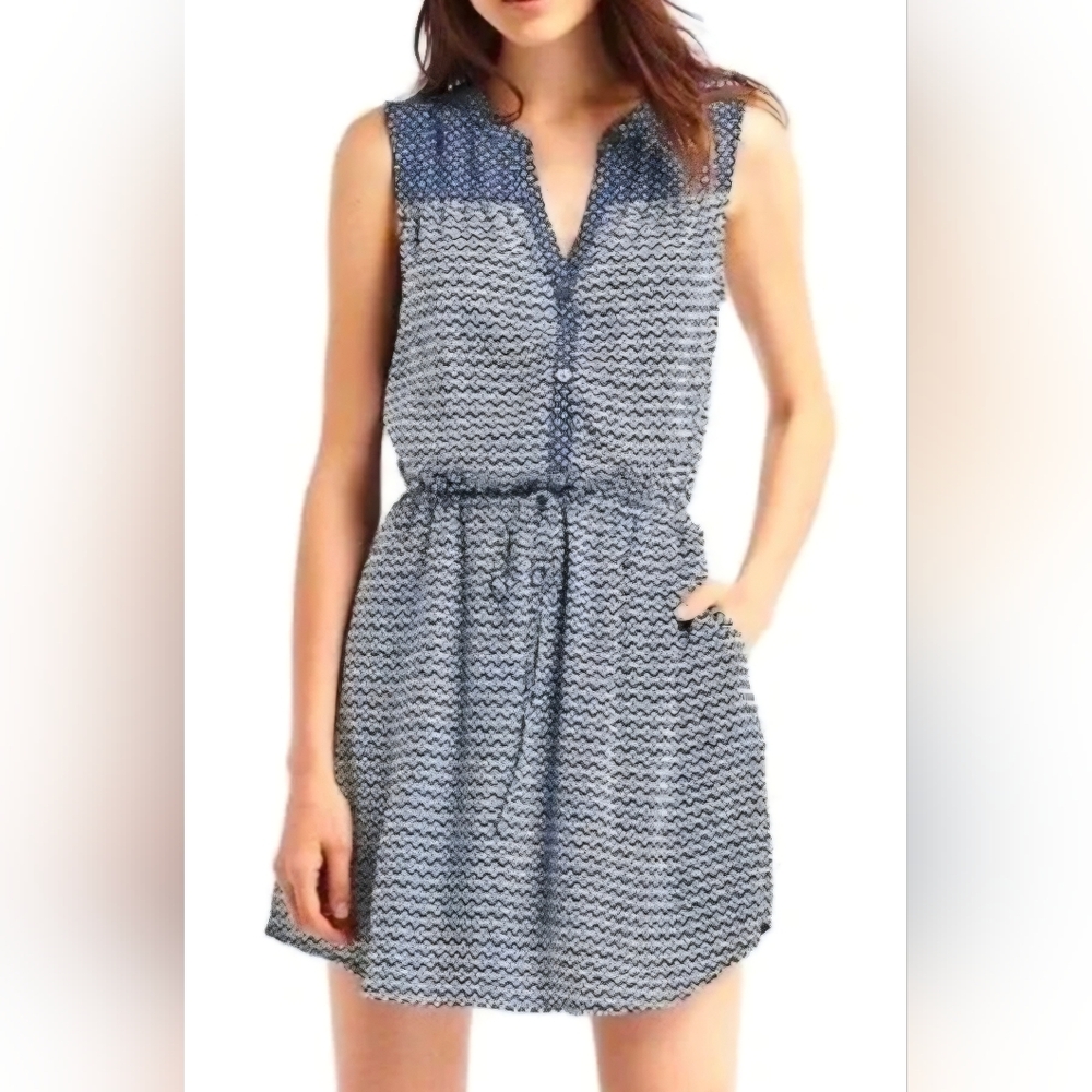 Gap women's blue and white floral print sleeveless henley neck drawstring Dress